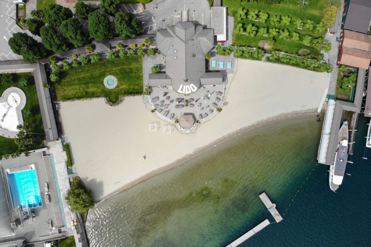 Lugano: Lido, bagno pubblico chiuso, Covid-19. Nella foto una veduta aerea panoramica del Lido di Lugano chiuso per emergenza Covid-19.
© Ti-Press / Pablo Gianinazzi