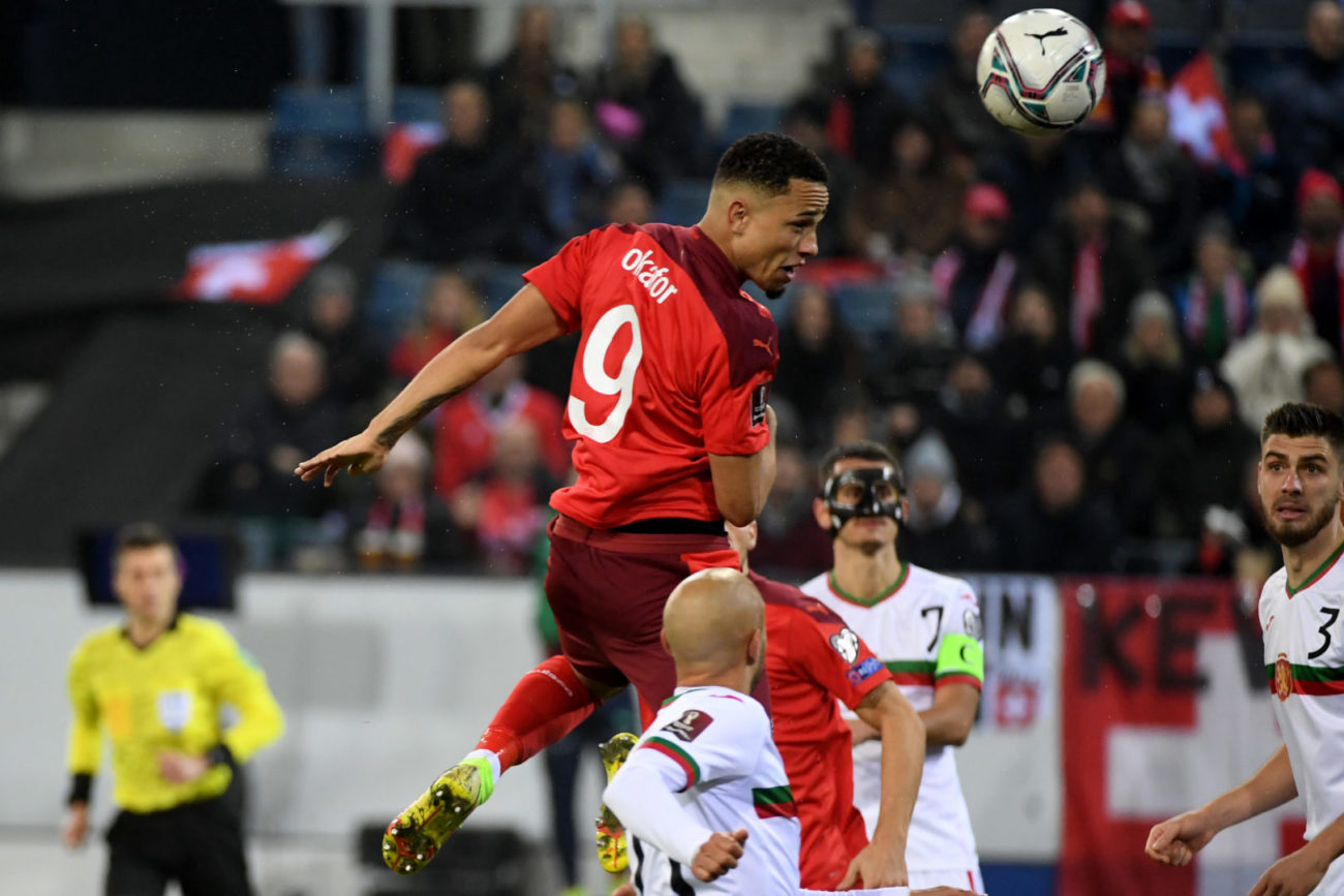 Lucerna: Calcio, qualificazioni mondiali Qatar 2022, Svizzera - Bulgaria. Nella foto, Noah Okafor (S) realizza il goal del provvisorio 1 a 0. 
© Ti-Press / Samuel Golay